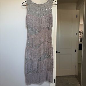 Chic Gray Fringe Midi Dress